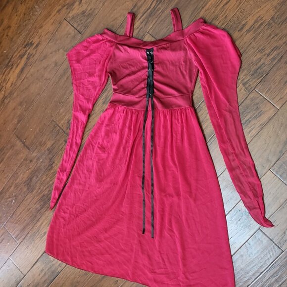 Renaissance Faire Gothic Vampire Red Dress Off-Shoulder Lace-up Dramatic Sleeves - Picture 5 of 15